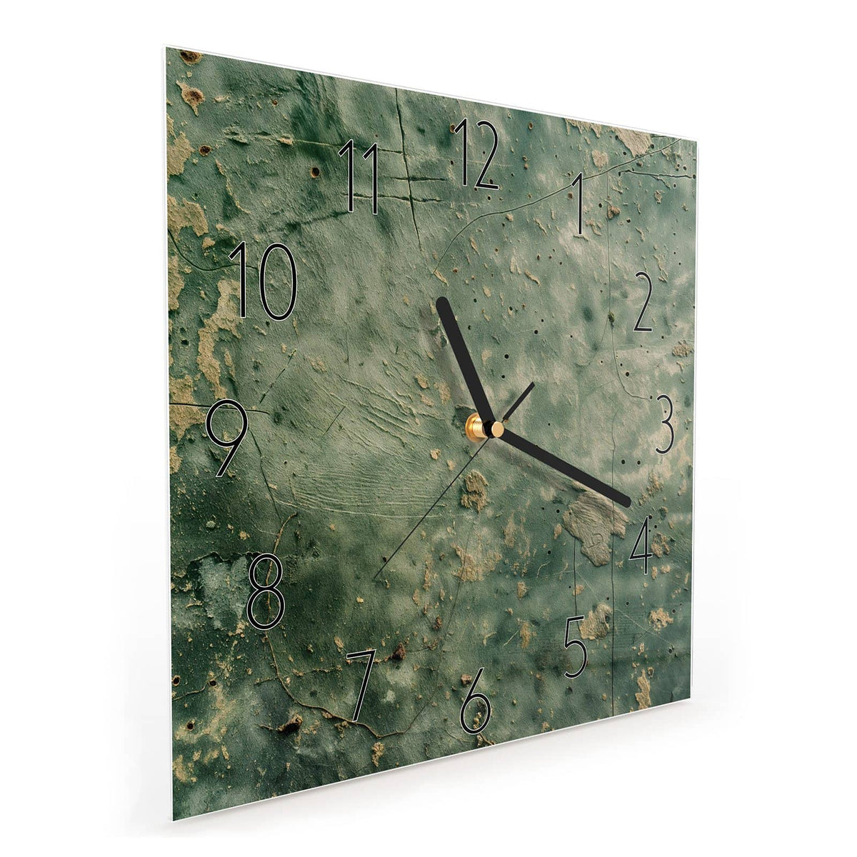 Quadratische Wanduhr aus Glas Grüne Patina schräg von der Seite, 4 mm starkes Glas