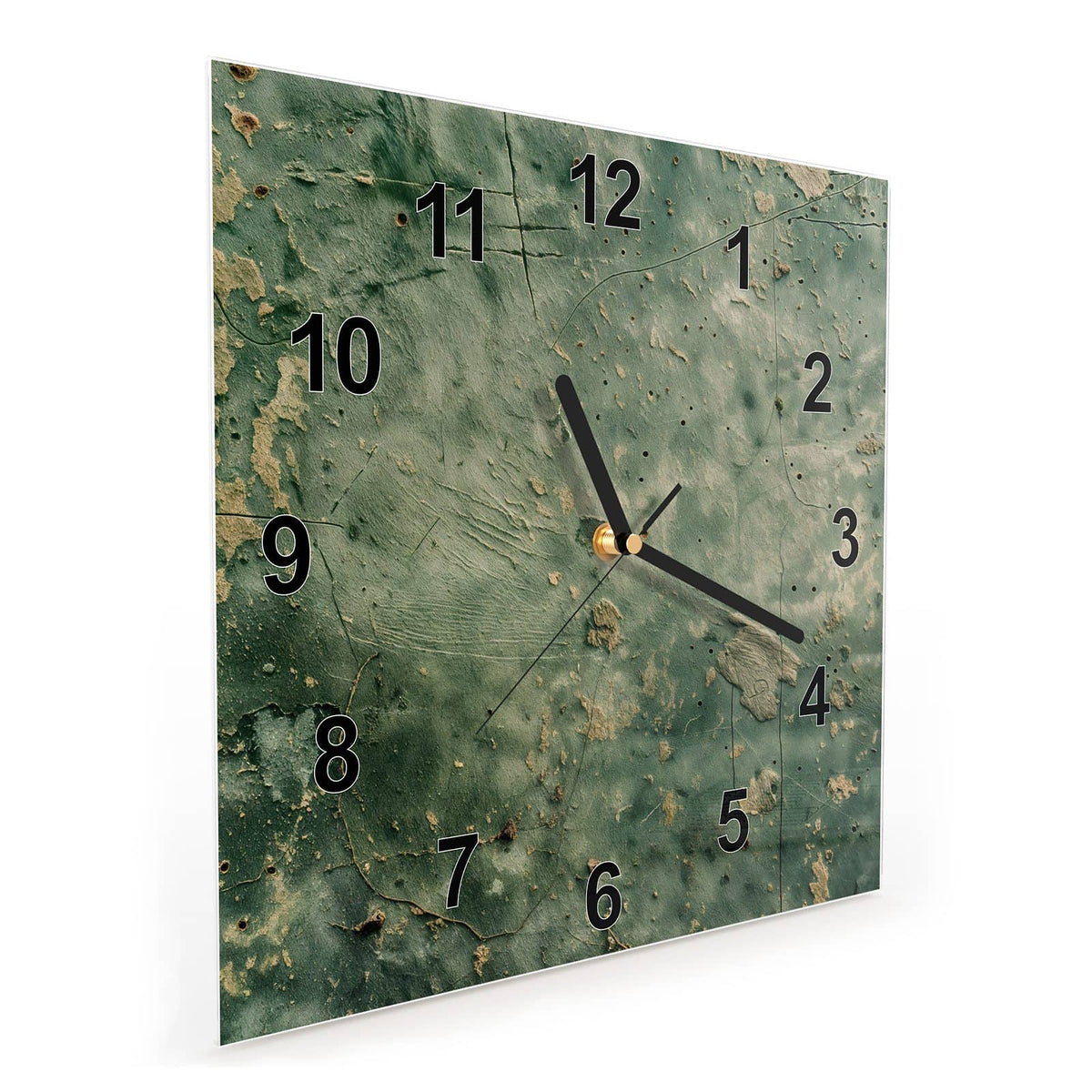 Quadratische Wanduhr aus Glas Grüne Patina schräg von der Seite, 4 mm starkes Glas