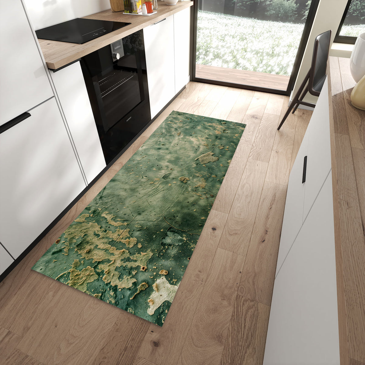 Rutschfester Küchenteppich mit Motiv Abblätternde Wandfarbe in moderner Küche