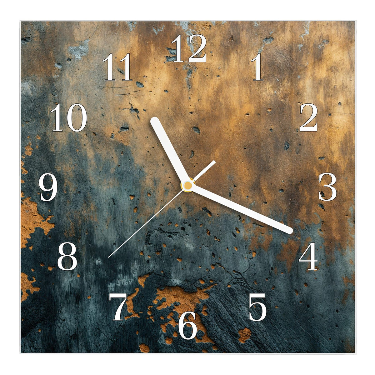 Wanduhr aus Glas, Ziffernblatt Klassisch: Oben rostig-goldene, unten schiefergrau-blaue verwitterte Metall-/Steinfläche