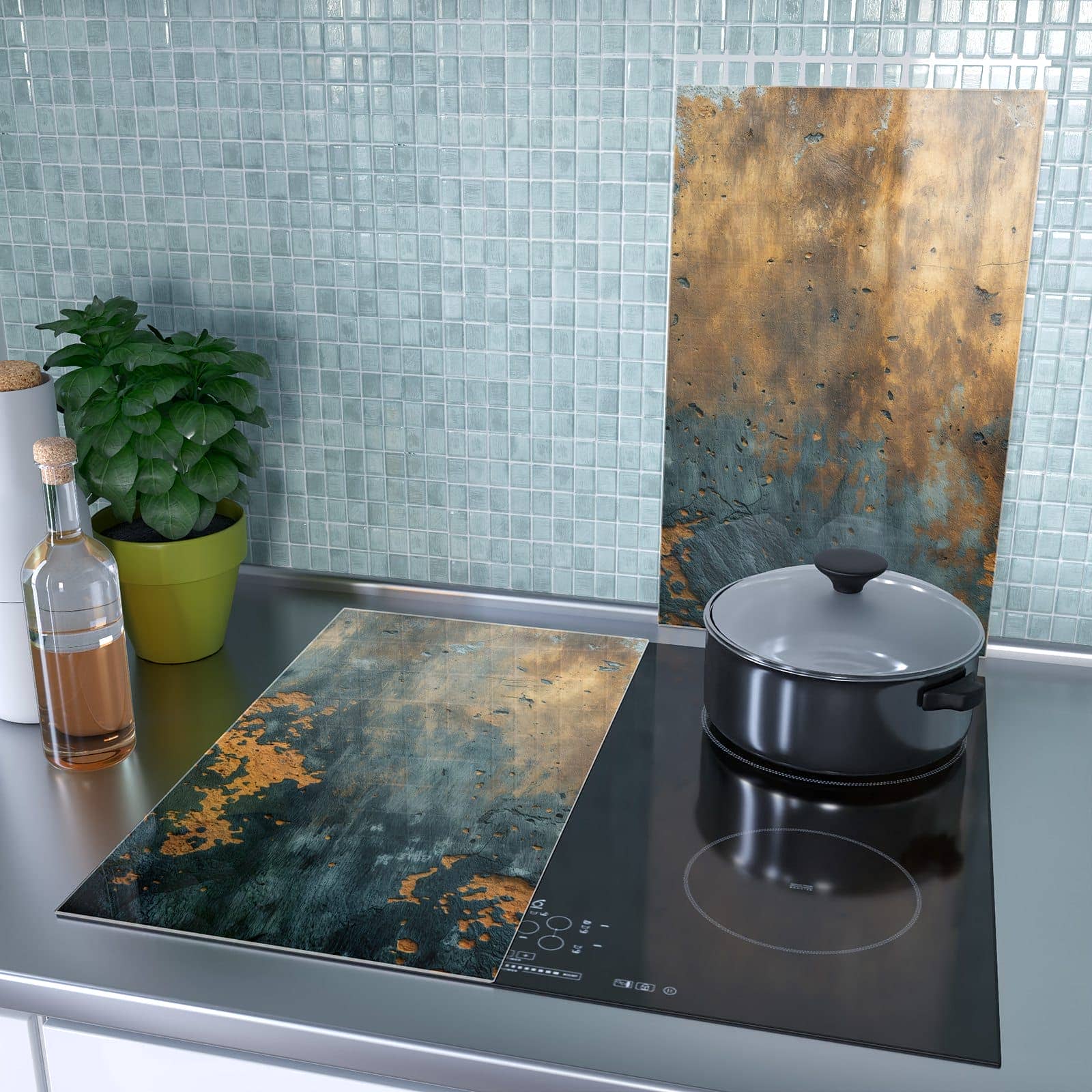 2-teilige Herdabdeckplatten für Ceranfeld mit verwitterte Wand-Motiv als Spritzschutz hinter dem Kochfeld