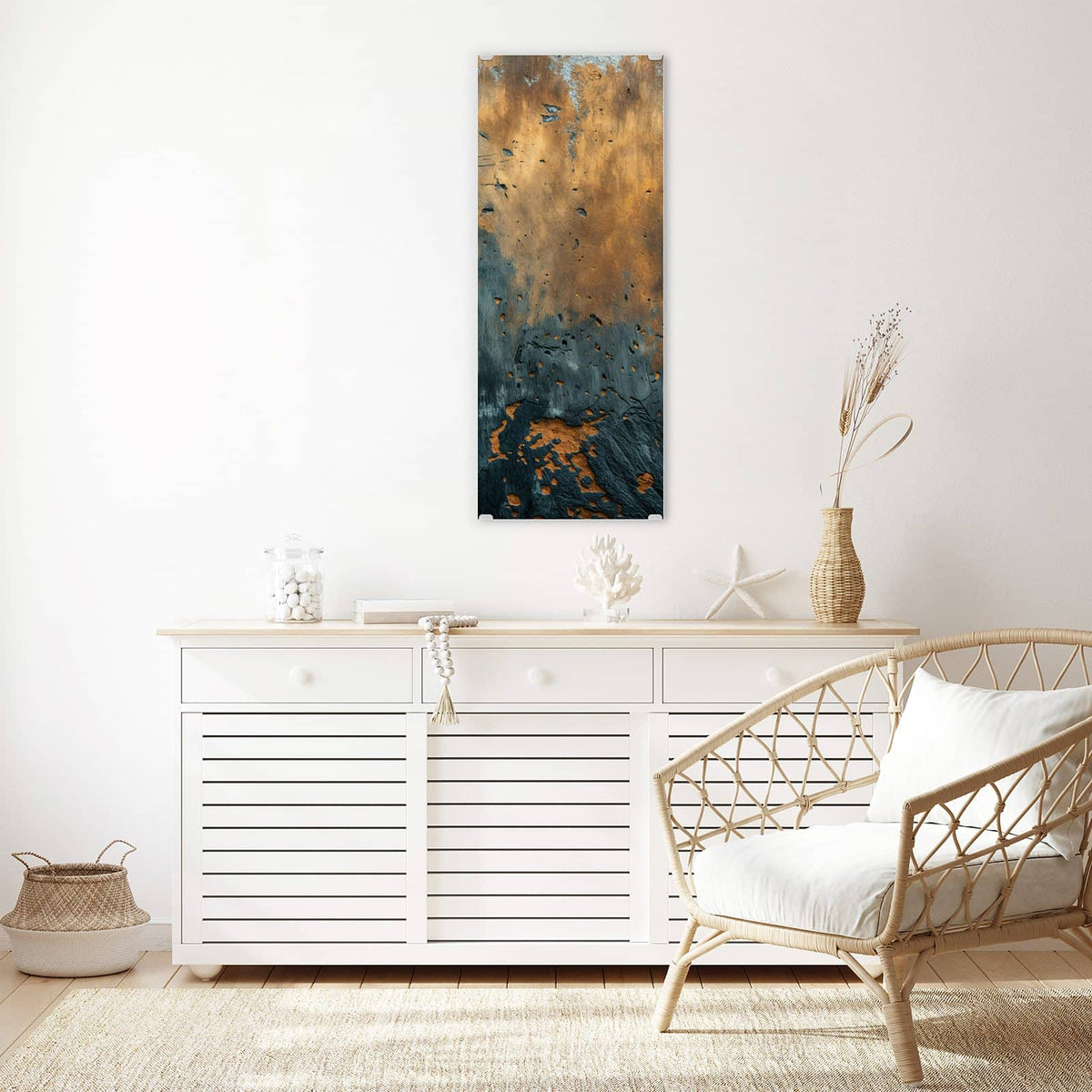 Wandbild - Rost über Schiefer - Hochformat – Rost und Blau im Wabi-Sabi-Stil