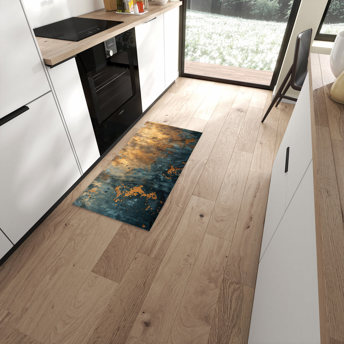 Bodenschonender Küchenteppich mit Motiv verwitterte Wand in moderner Küche #grösse_60 x 120 cm