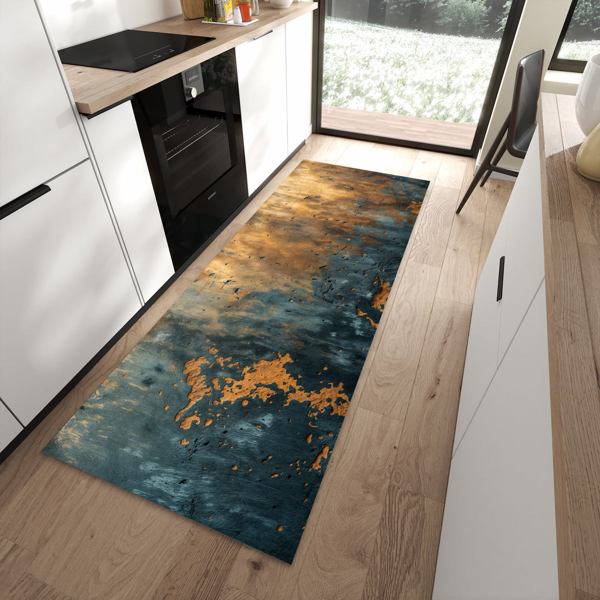 Fleckenresistenter waschbarer Teppich mit Motiv verwitterte Wand in moderner Küche