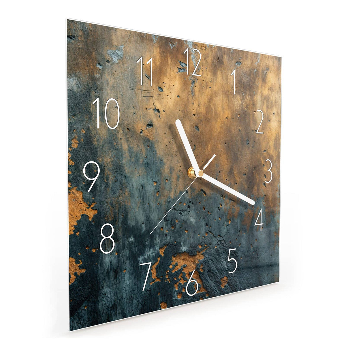 Quadratische Wanduhr aus Glas Rost über Schiefer schräg von der Seite, 4 mm starkes Glas