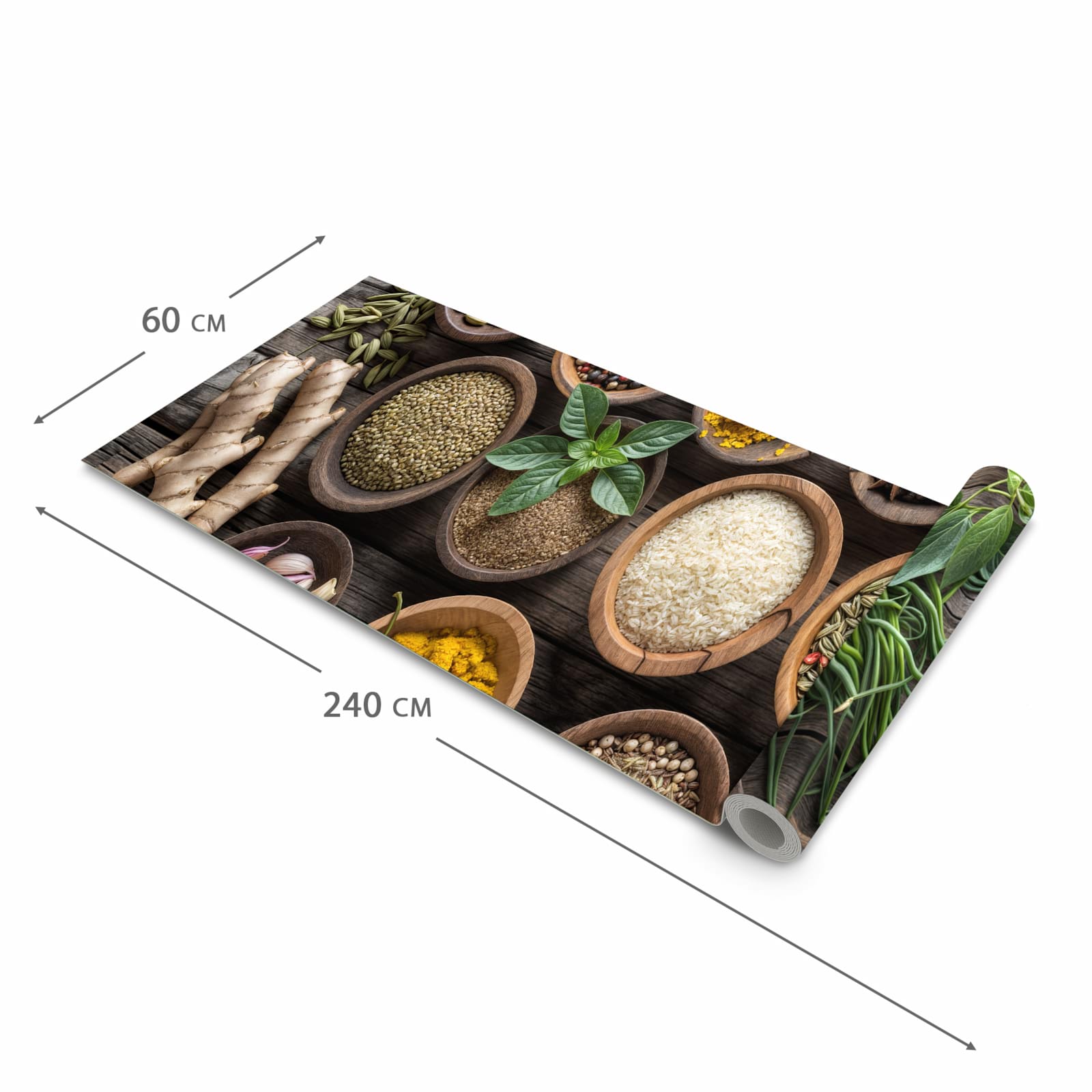 Waschbarer Küchenteppich mit Motiv Verschiedene Gewürze in der Grösse 90x240 cm für Ordnung