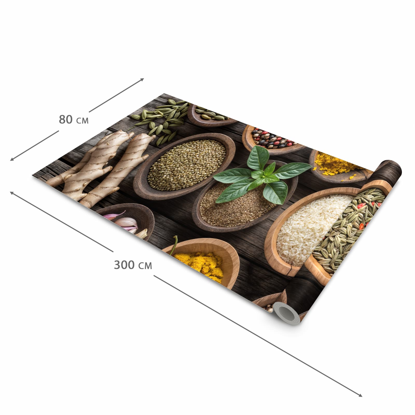 Abriebfester rutschfester Küchenläufer mit Motiv Verschiedene Gewürze in der Größe 90x240 cm