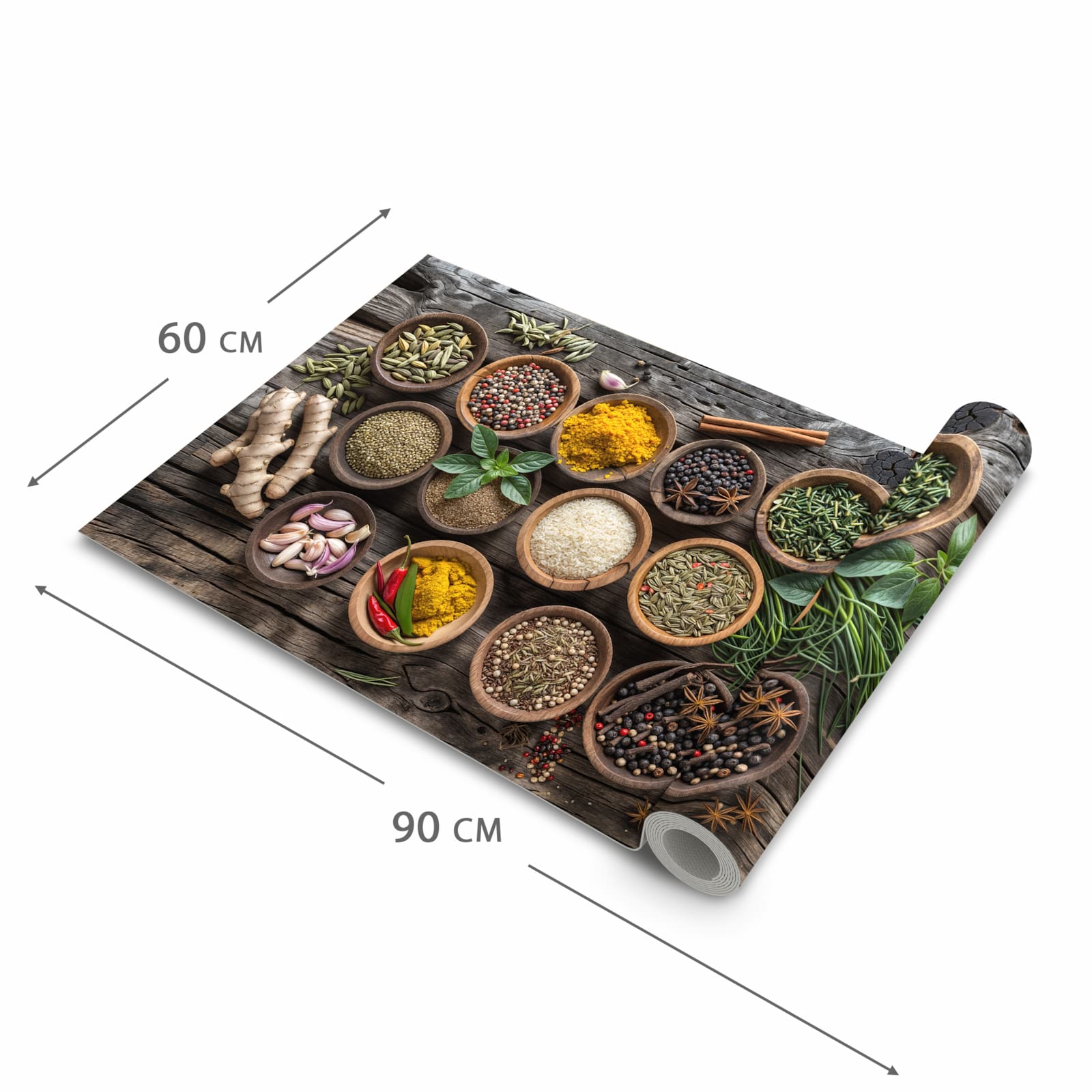 Formstabiler waschbarer Küchenteppich mit Motiv Verschiedene Gewürze in der Grösse 90x240 cm