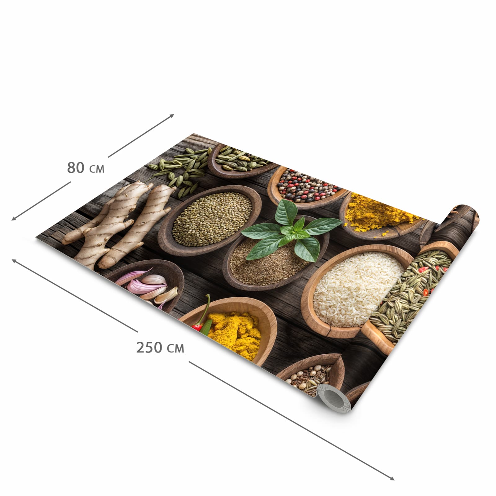 Zeitsparender Küchenläufer mit Motiv Verschiedene Gewürze in der Grösse 90x240 cm