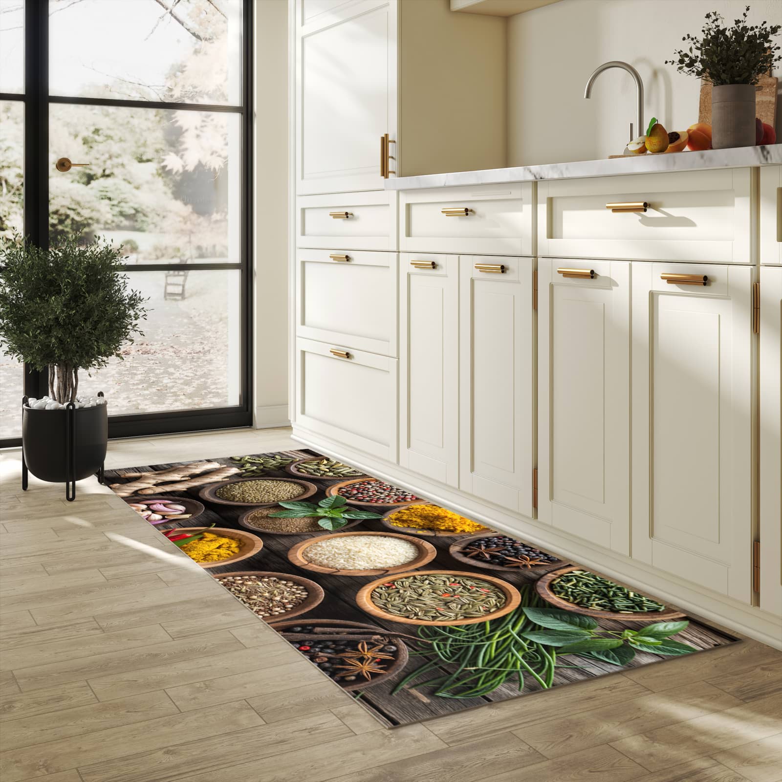 Abriebfester Küchenläufer mit Motiv Verschiedene Gewürze in heller Küche