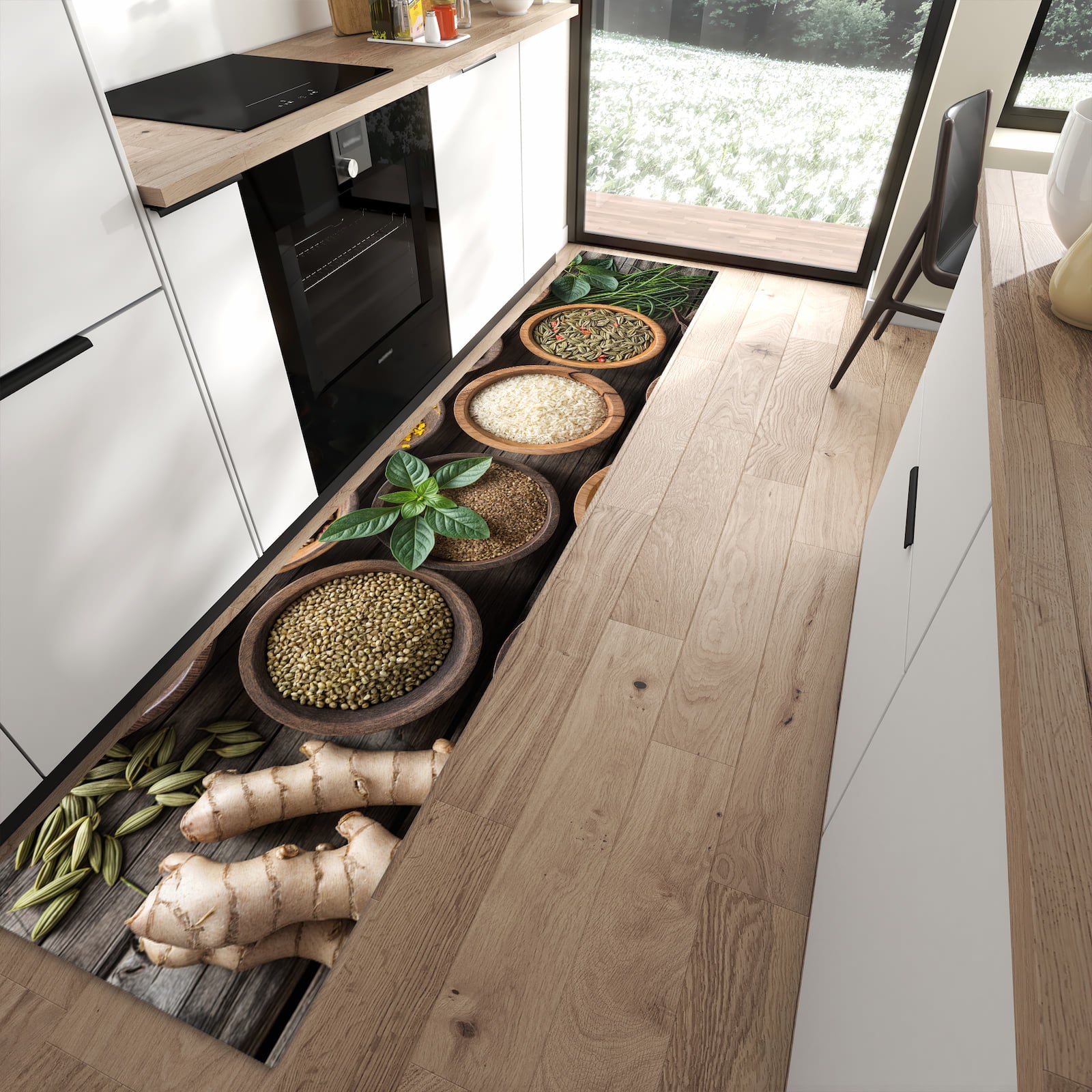 Pflegeleichter Küchenteppich mit Motiv Verschiedene Gewürze in moderner Küche