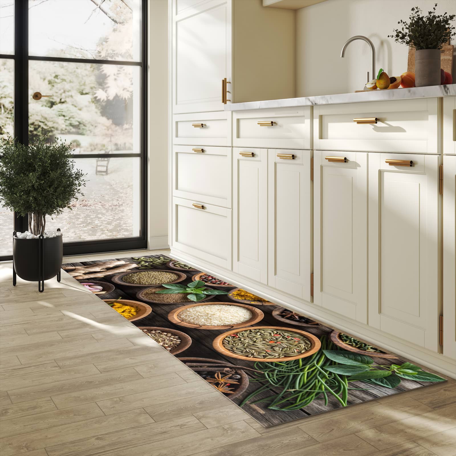 Küchenläufer mit Motiv Verschiedene Gewürze in heller Küche für sichere Aufbewahrung