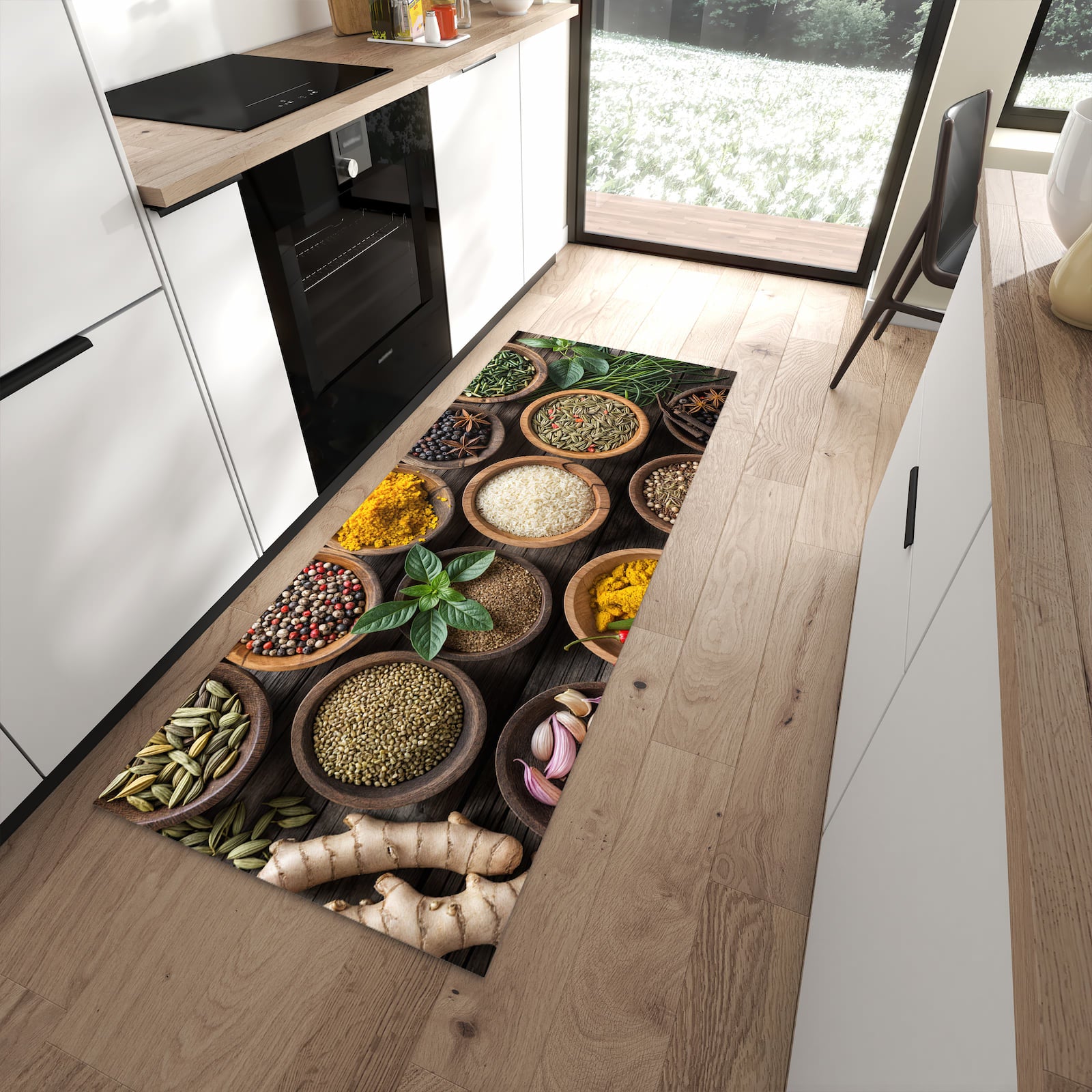 Hygienischer Küchenteppich mit Motiv Verschiedene Gewürze in moderner Küche