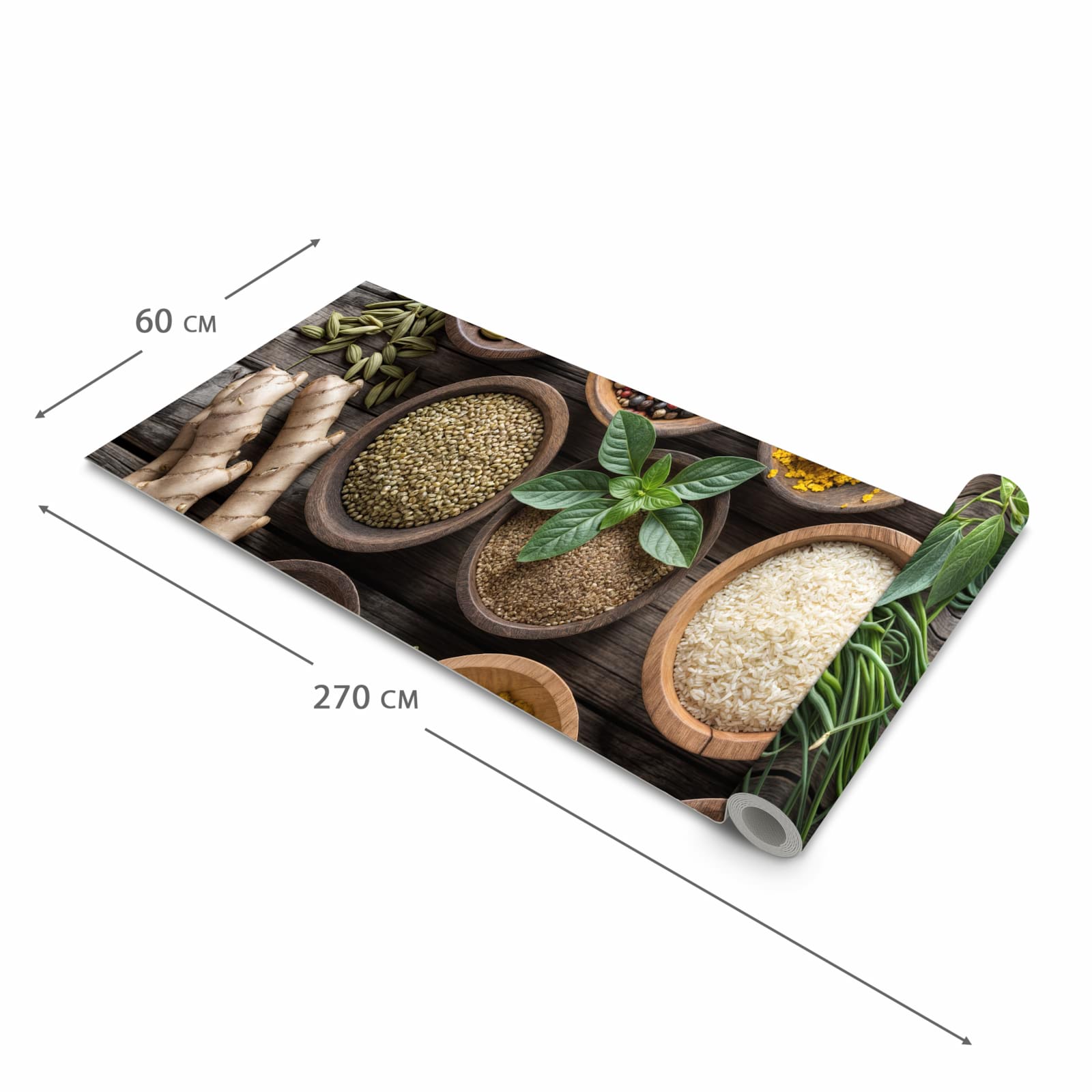 Bodenschonender großer Küchenteppich mit Motiv Verschiedene Gewürze in der Größe 90x240 cm