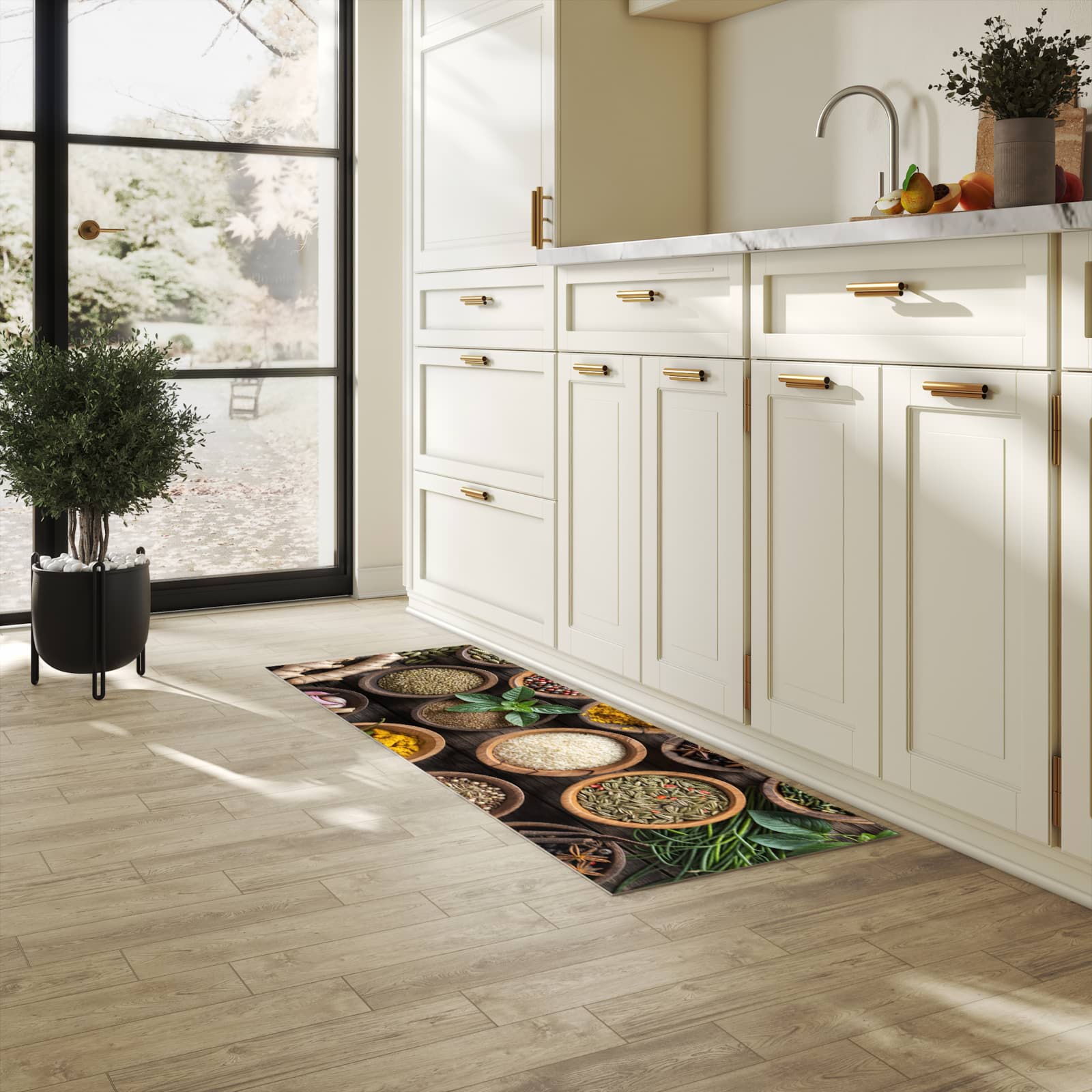 Rutschfester Küchenteppich mit Motiv Verschiedene Gewürze in heller Küche