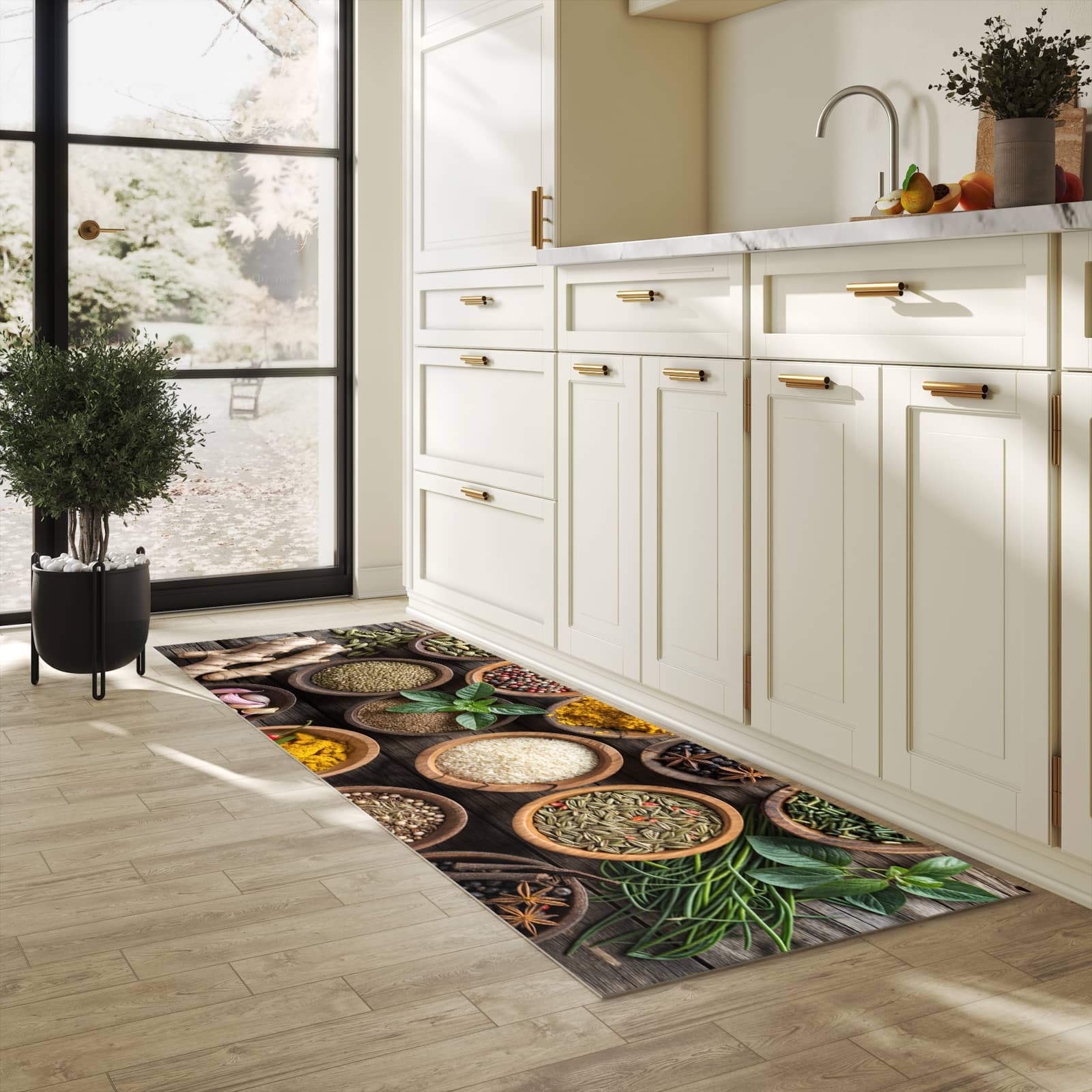 Formstabiler Küchenteppich mit Motiv Verschiedene Gewürze in heller Küche