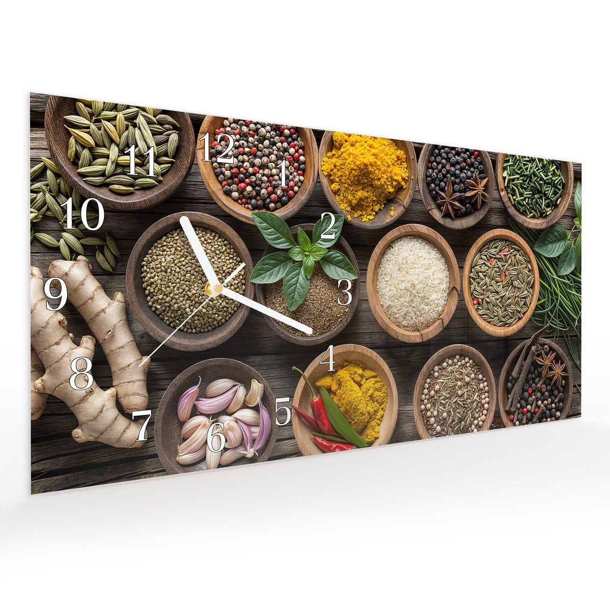 Vormontiert – mit Schwebeeffekt – Wanduhr Verschiedenartige Gewürze aus Glas – Querformat 60 × 30 cm