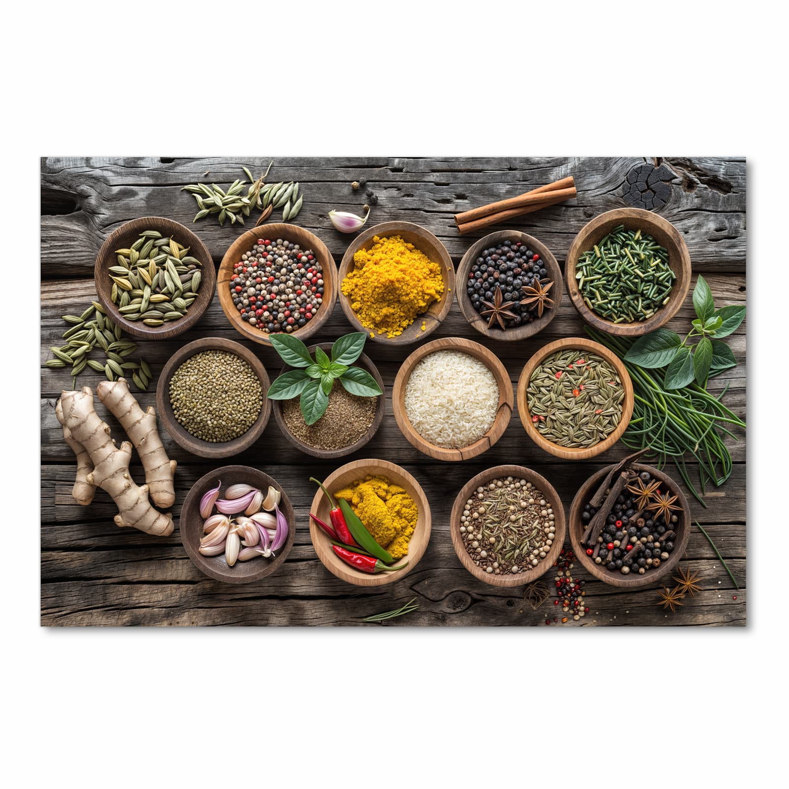 Wasserabweisender Küchenteppich mit Motiv Verschiedene Gewürze in Frontansicht