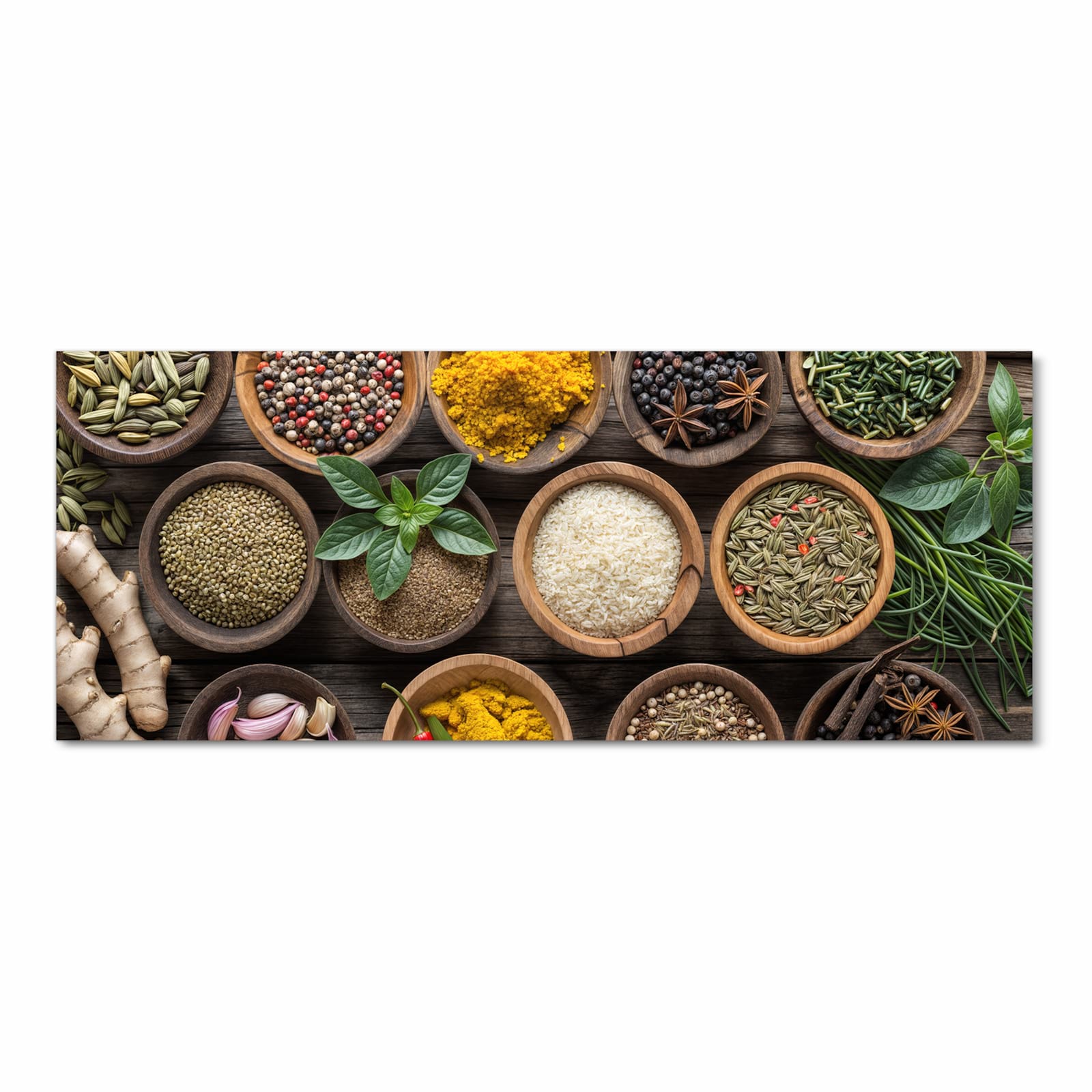 Zeitsparender waschbarer Küchenteppich mit Motiv Verschiedene Gewürze in Frontansicht
