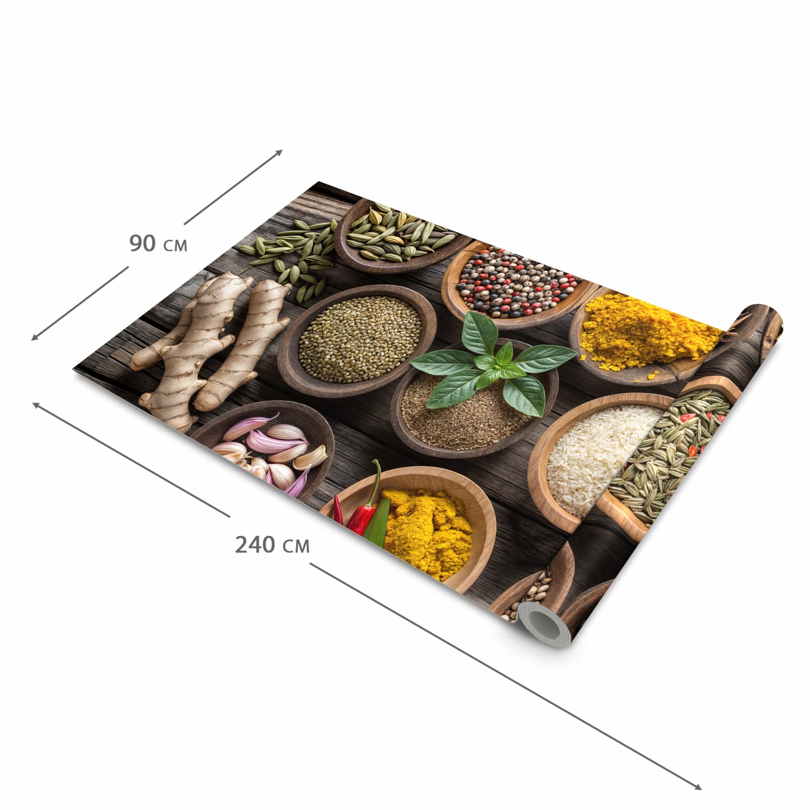 Rutschfester Küchenläufer mit Motiv Verschiedene Gewürze in der Grösse 90x240 cm für Trittkomfort