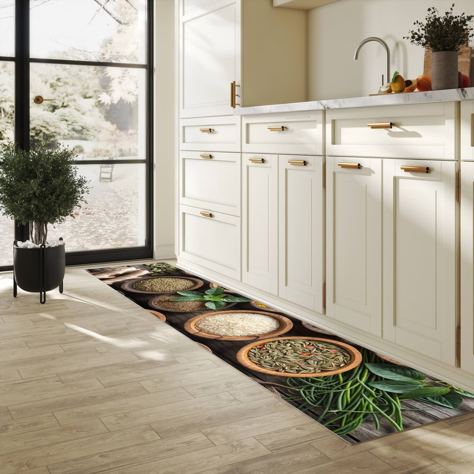 Küchenteppich mit Motiv Verschiedene Gewürze für Ordnung in heller Küche