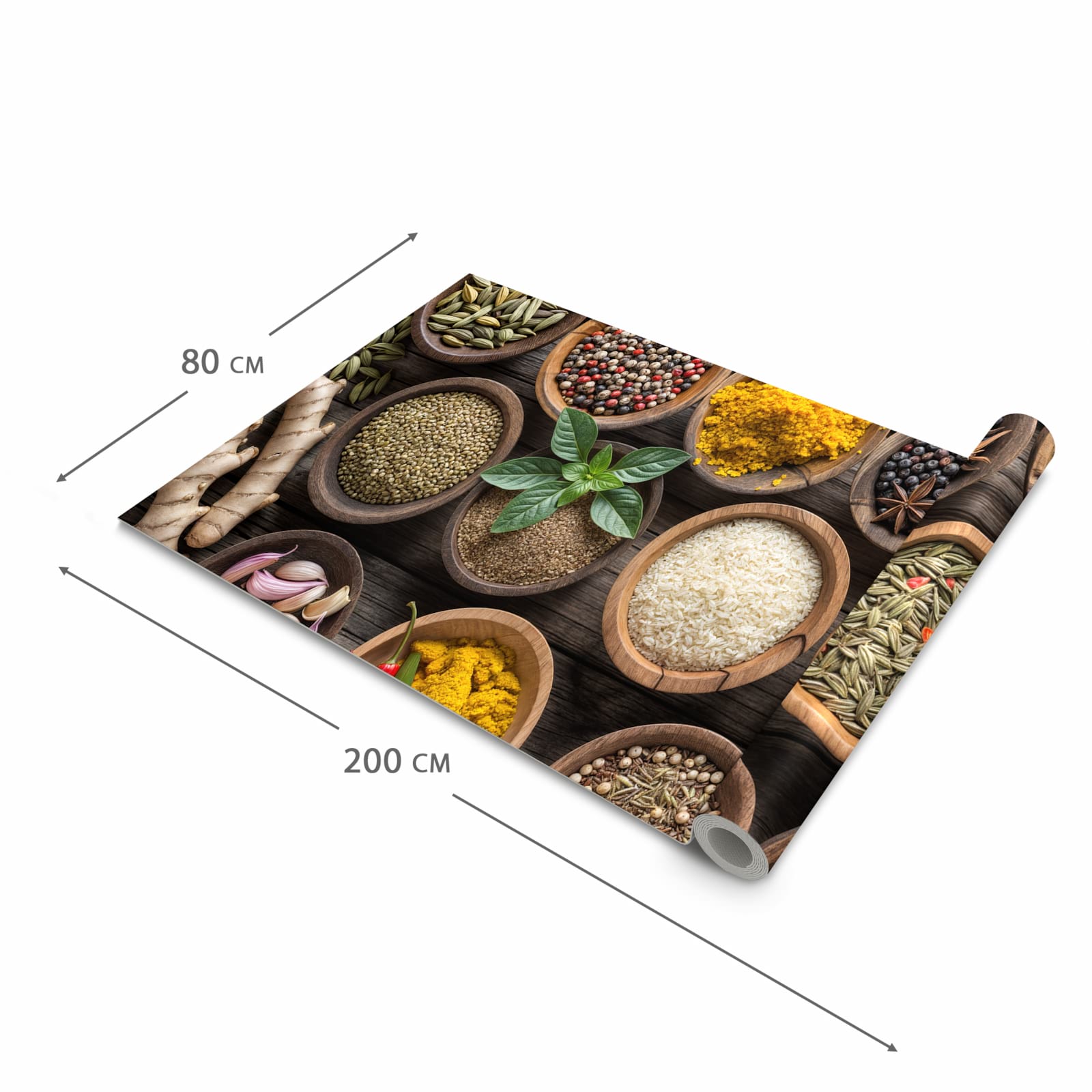 Küchenteppich mit Motiv Verschiedene Gewürze in der Grösse 90x240 cm für sicheres Aufbewahren