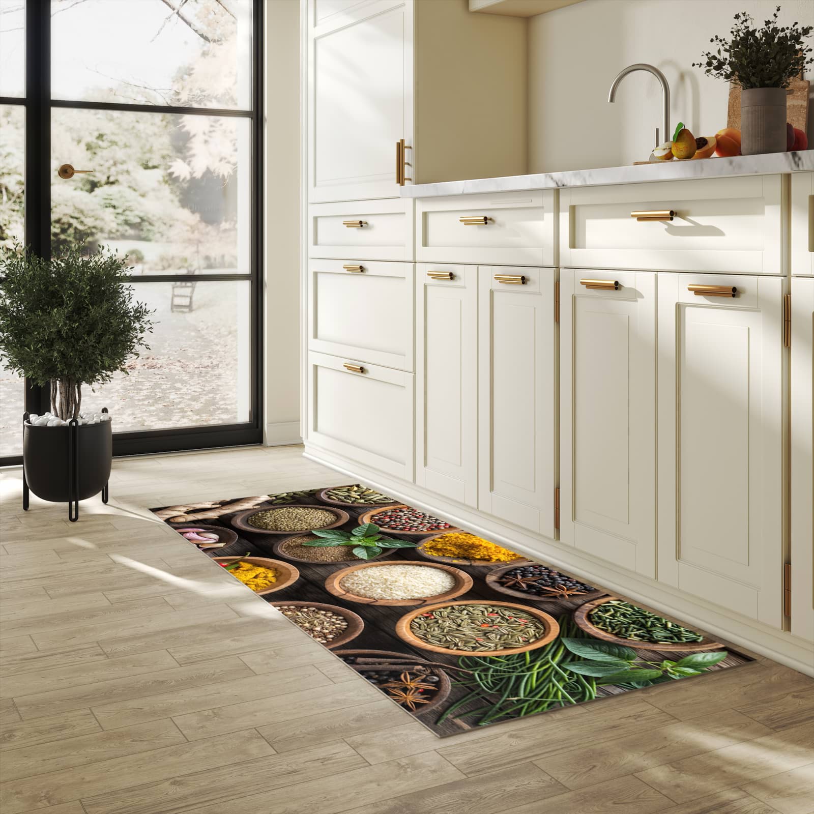 Farbbeständiger Küchenteppich mit Motiv Verschiedene Gewürze in heller Küche