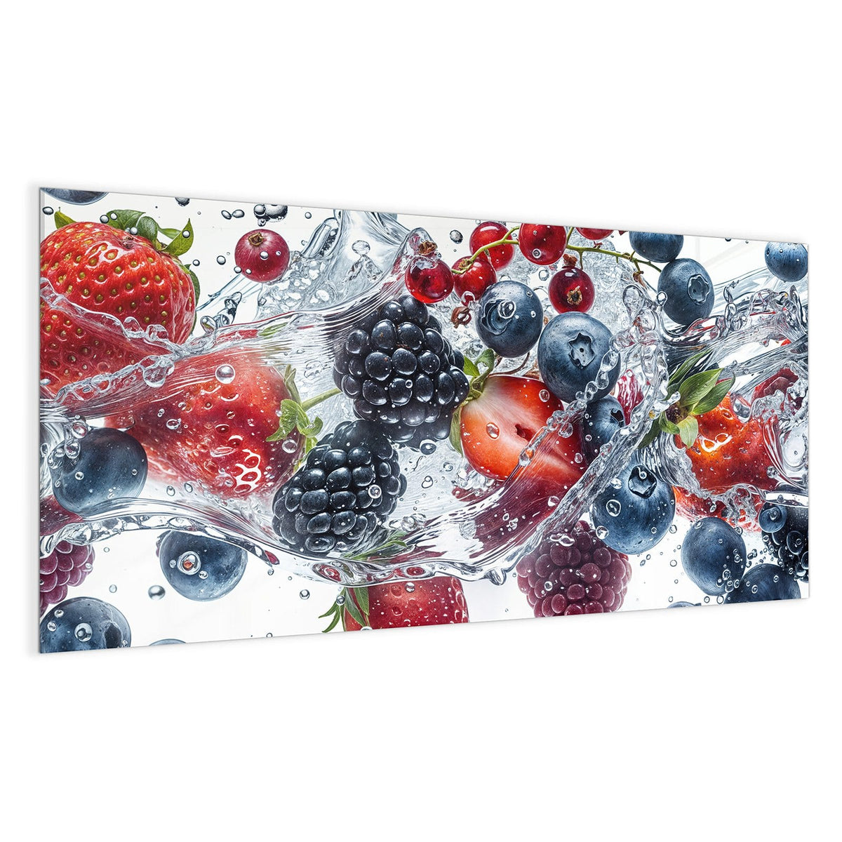 Brombeeren, Blaubeeren, Johannisbeeren und Erdbeeren in aufspritzendem Wasser vor Weiß