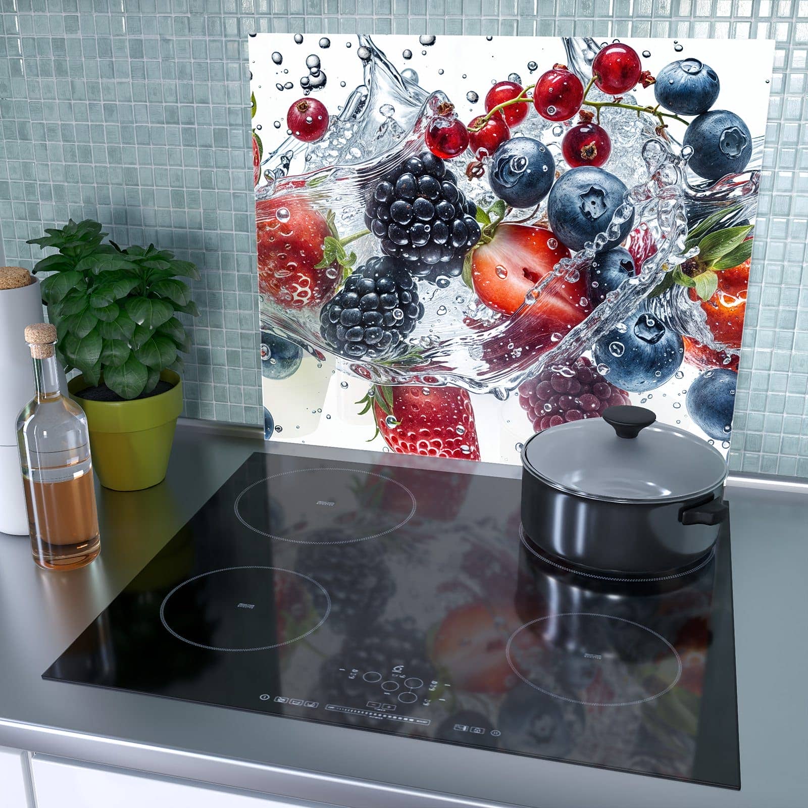 1-teilige Herdabdeckplatte mit Beeren im Wasser-Motiv als Spritzschutz hinter dem Kochfeld