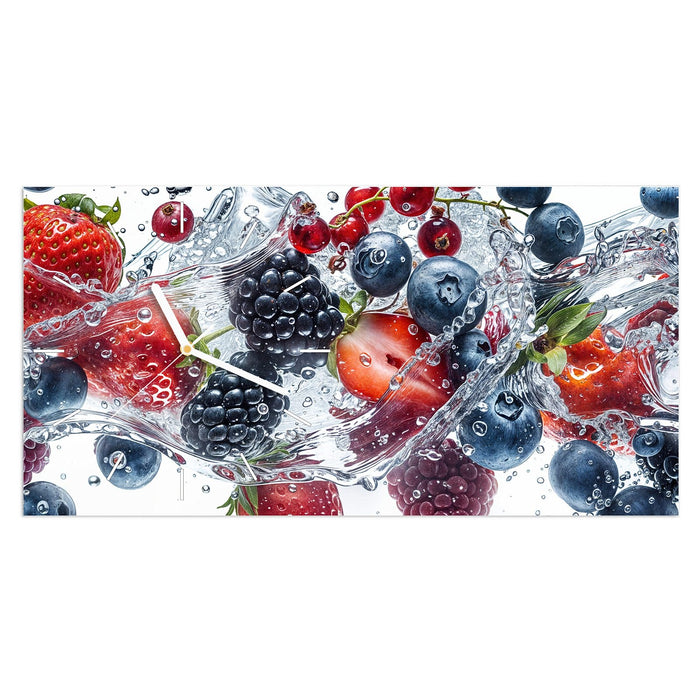 Wanduhr Beeren im Wasser aus Glas – Querformat 60 × 30 cm mit Ziffernblatt Linie