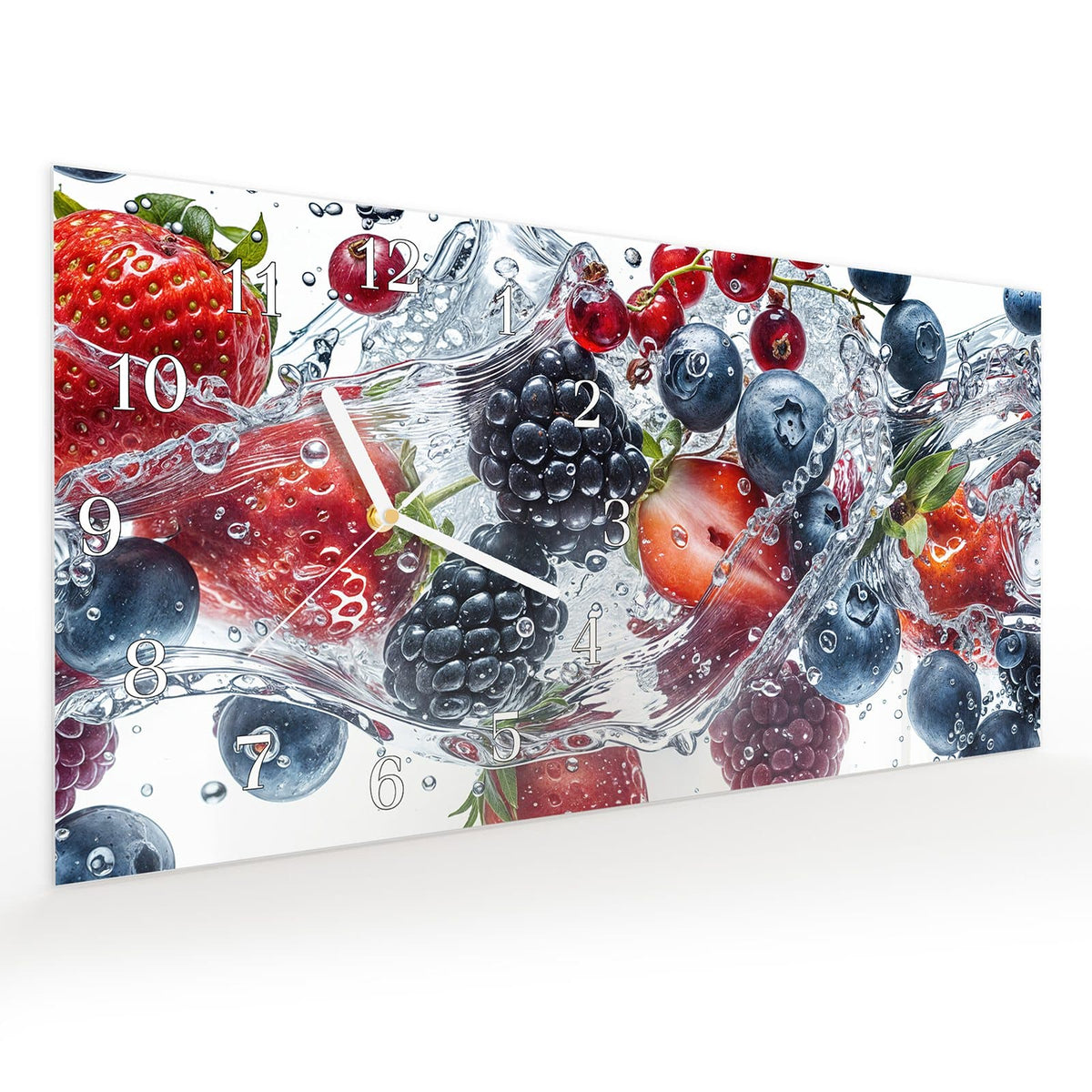 Vormontiert – mit Schwebeeffekt – Wanduhr Beeren im Wasser aus Glas – Querformat 60 × 30 cm