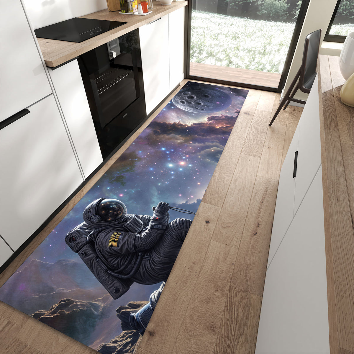 Schmutzabweisender Küchenläufer mit Motiv In All Astronaut in moderner Küche
