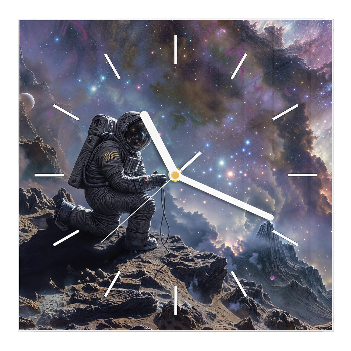 Wanduhr aus Glas, Ziffernblatt Linie mit Motiv Astronaut und Galaxie: Astronaut kniet auf zerklüftetem Felsgrat vor riesigem violett-buntem Nebel mit Sternen