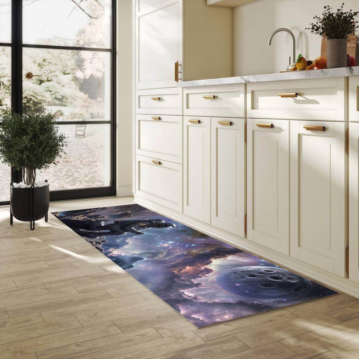 Pflegeleichter Küchenläufer mit Motiv In All Astronaut in heller Küche