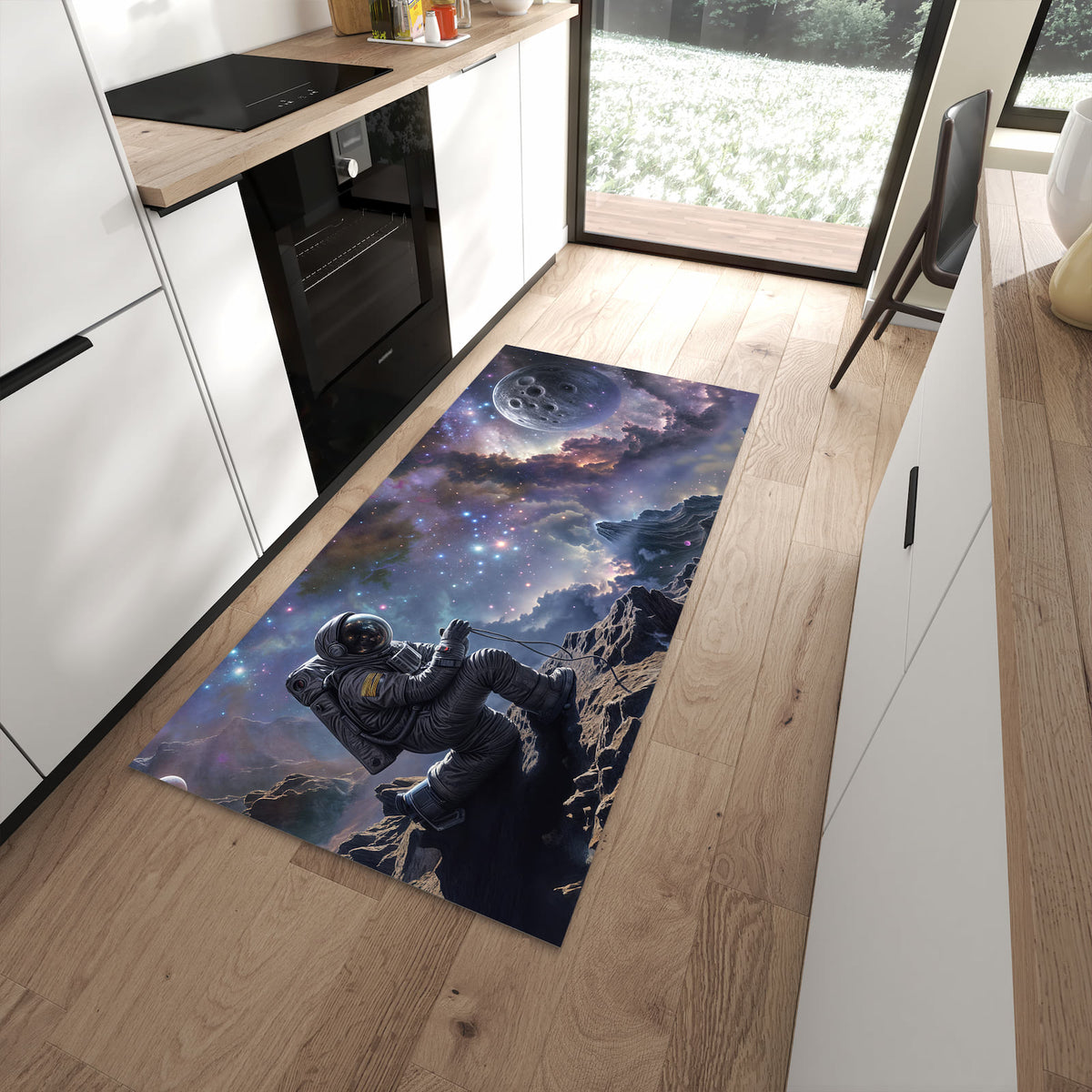 Geruchsneutraler abwaschbarer Küchenteppich mit Motiv In All Astronaut in moderner Küche