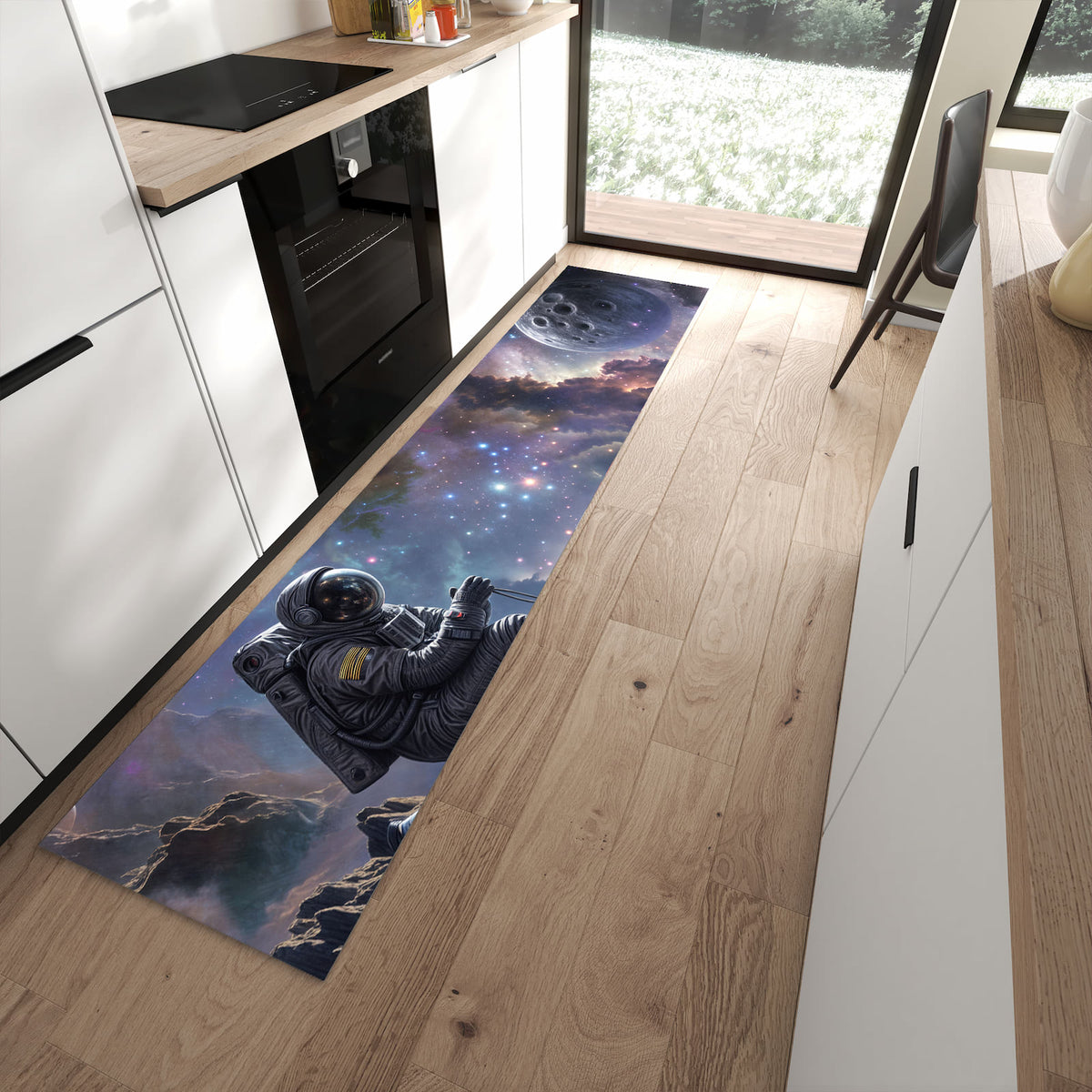 Geräuschdämpfender waschbarer Küchenläufer mit Motiv In All Astronaut in moderner Küche