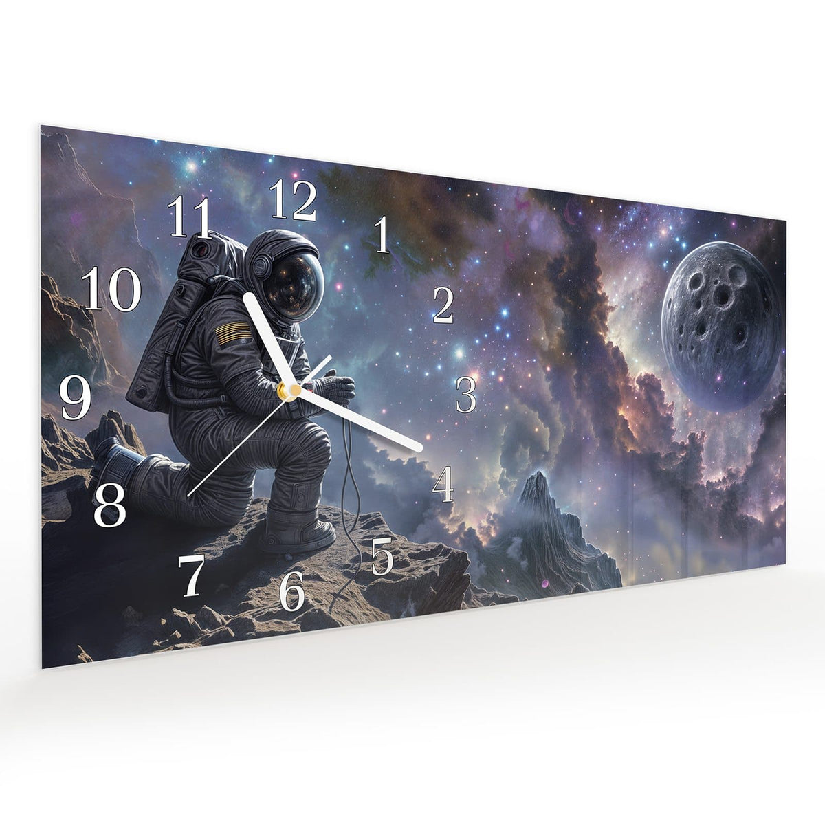 Vormontiert – mit Schwebeeffekt – Wanduhr Astronaut im Weltraum aus Glas – Querformat 60 × 30 cm