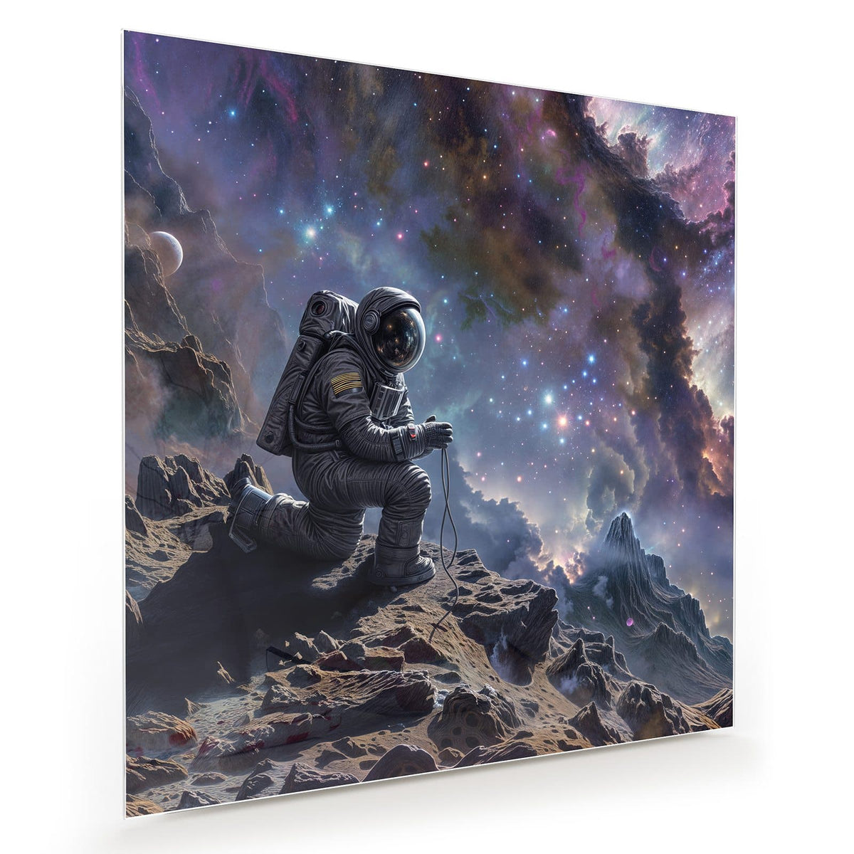Astronaut kniet auf zerklüftetem Felsgrat vor riesigem violett-buntem Nebel mit Sternen