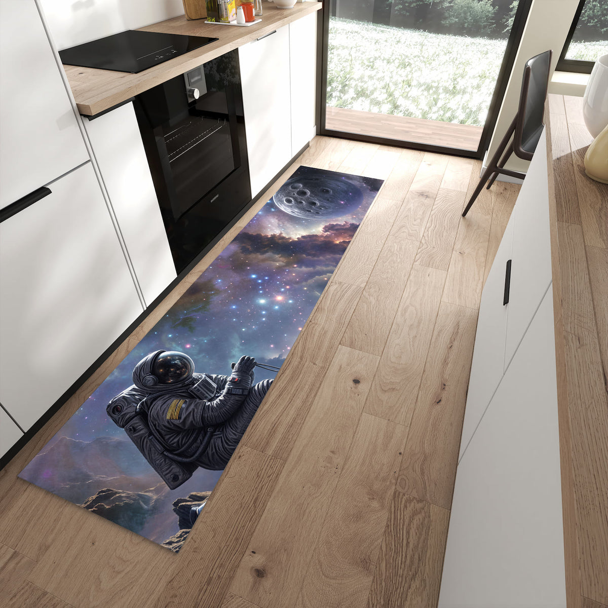 Zeitsparender rutschfester Küchenläufer mit Motiv In All Astronaut in moderner Küche