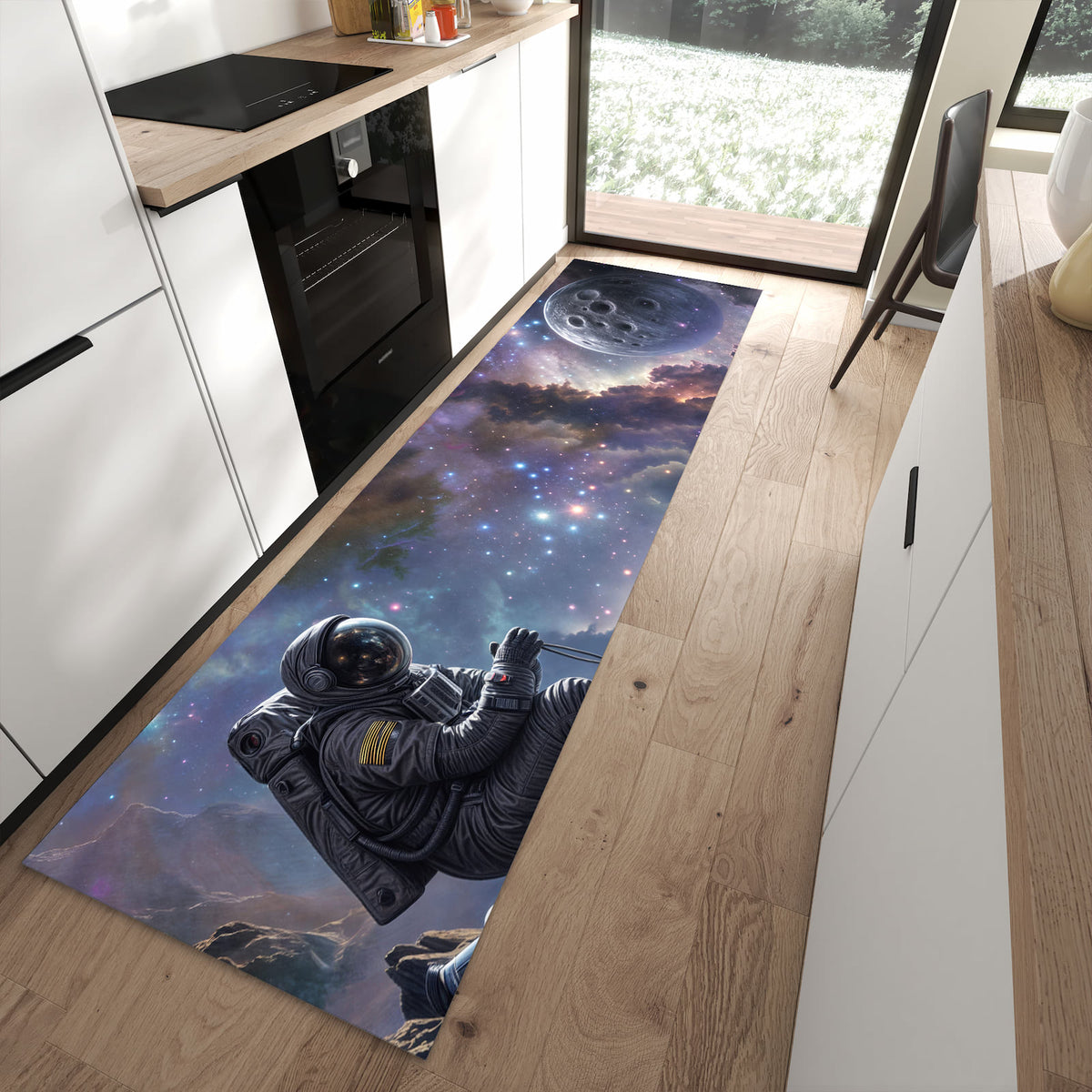 Fleckenresistenter moderner Küchenläufer mit Motiv In All Astronaut in moderner Küche