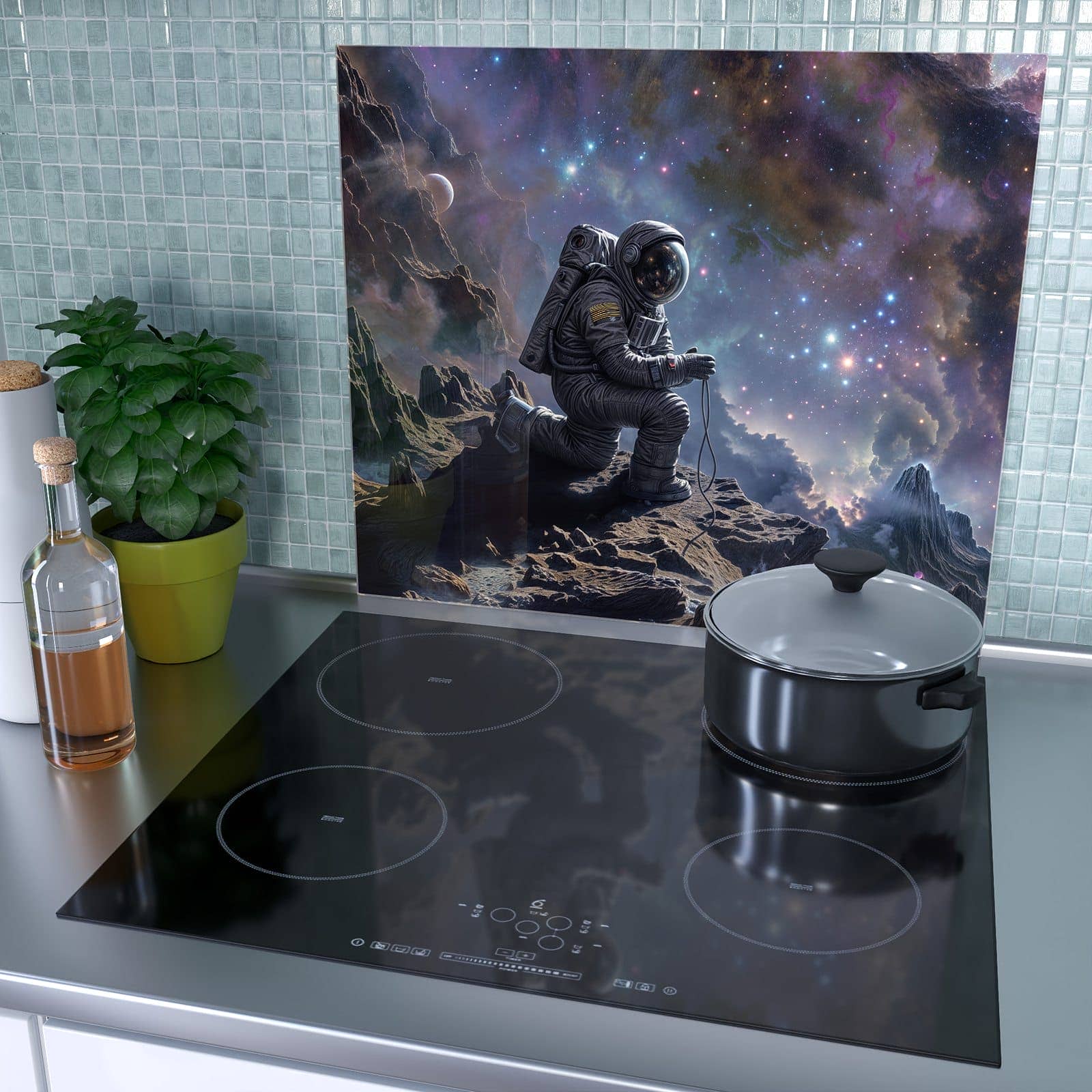 1-teilige Herdabdeckung aus Holz mit Astronaut im Weltraum-Motiv als Spritzschutz hinter dem Kochfeld