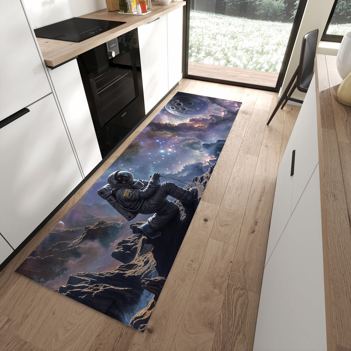 Wasserabweisender Küchenläufer mit Motiv In All Astronaut in moderner Küche