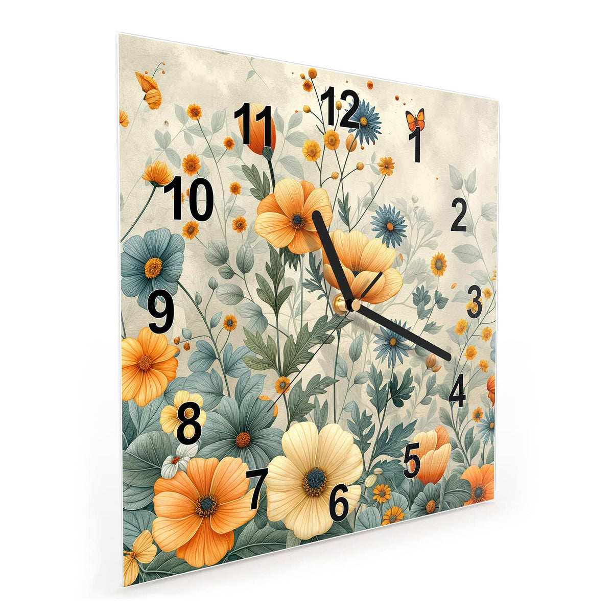 Quadratische Wanduhr aus Glas Sommerblüten auf Beige schräg von der Seite, 4 mm starkes Glas