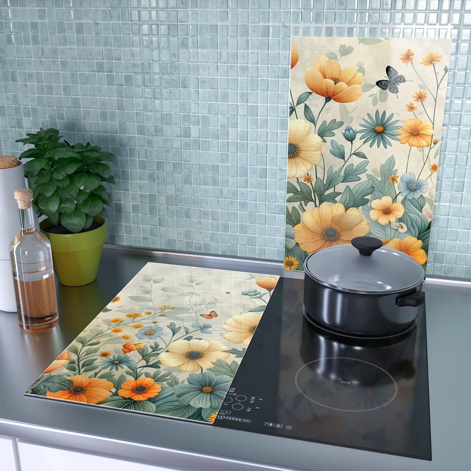 2-teilige Herdabdeckplatte aus Glas mit Blumenwiese-Motiv als Spritzschutz hinter dem Kochfeld