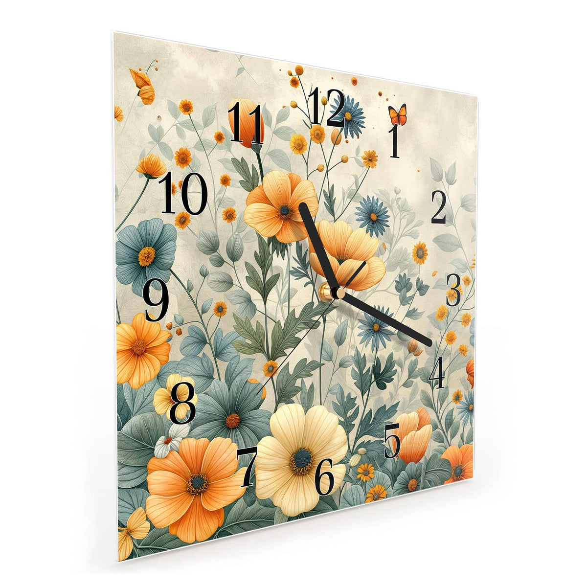 Quadratische Wanduhr aus Glas Sommerblüten auf Beige schräg von der Seite, 4 mm starkes Glas