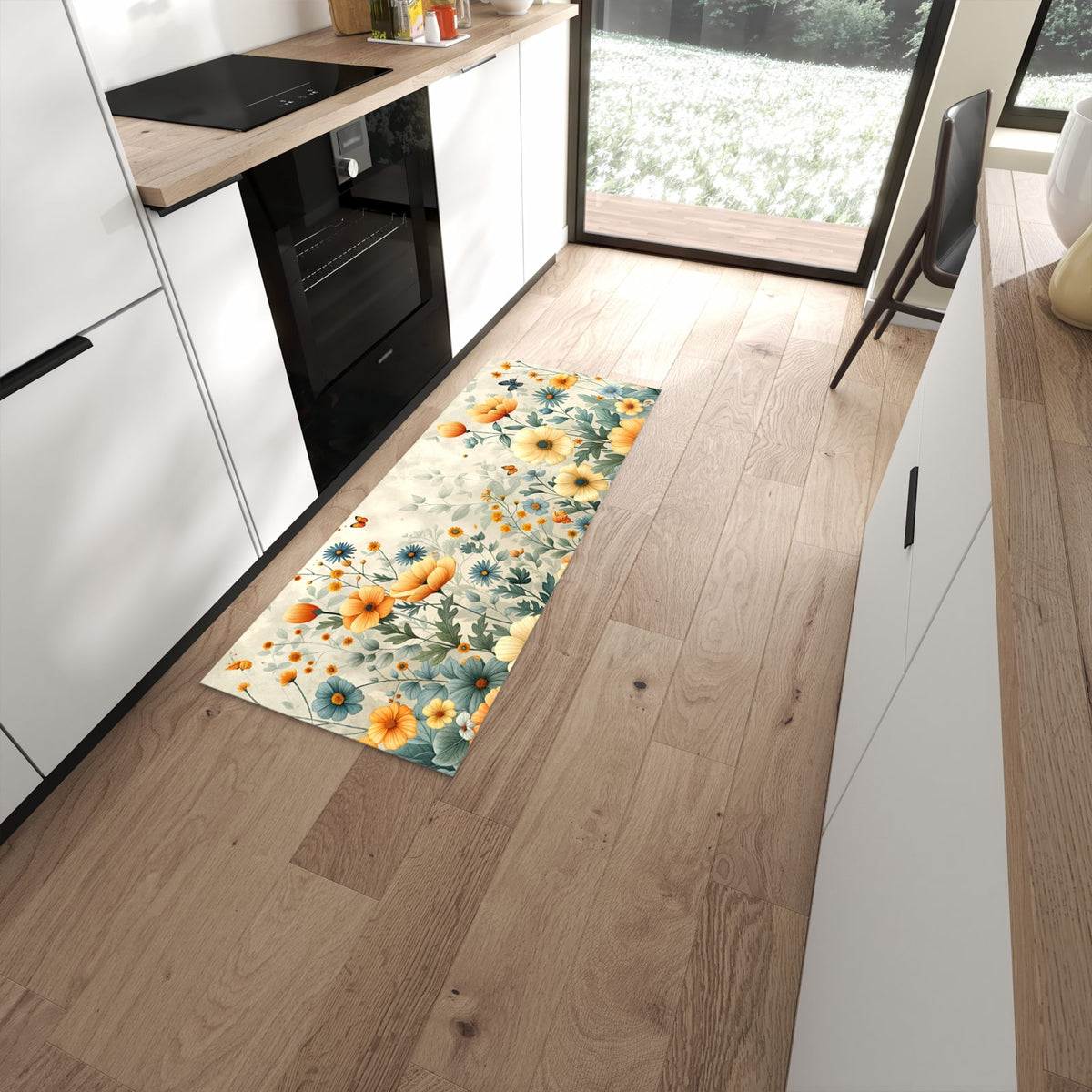 Abwischen statt waschen – Küchenläufer - Sommerblüten auf Beige