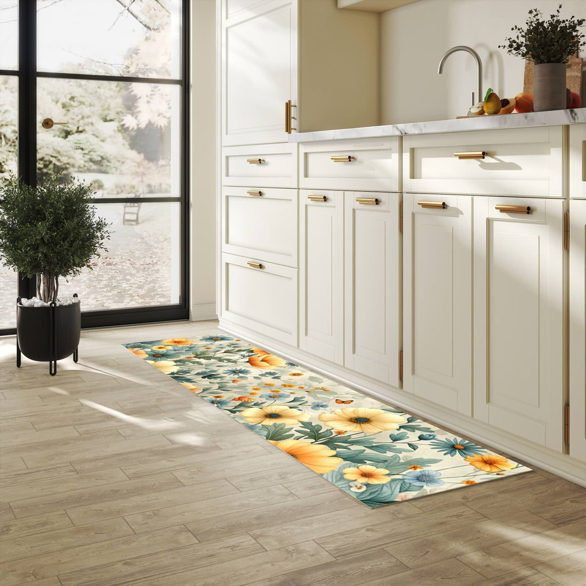 Feuchtigkeitsresistenter Küchenteppich mit Motiv Blumenwiese in heller Küche