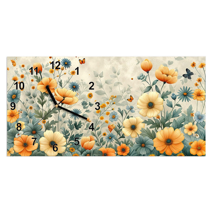 Wanduhr Blumenwiese aus Glas – Querformat 60 × 30 cm mit Ziffernblatt Modern