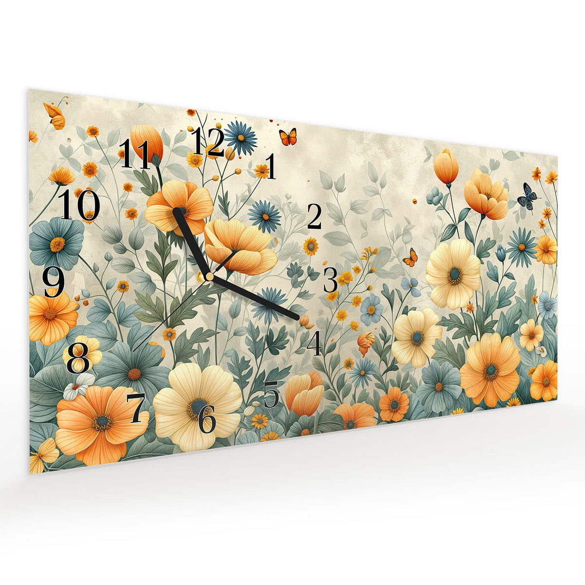 Vormontiert – mit Schwebeeffekt – Wanduhr Blumenwiese aus Glas – Querformat 60 × 30 cm