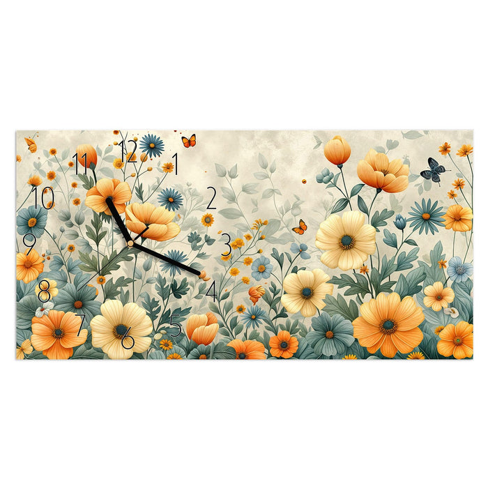Wanduhr Blumenwiese aus Glas – Querformat 60 × 30 cm mit Ziffernblatt Elegant